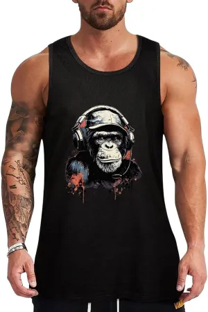 Watercolor Music Monkey Mens Tank Top Cotton Undershirt Crewneck Sleeveless Shirt for Summer