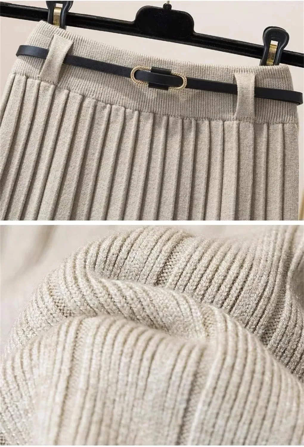 Winter White Knit Skirts Women Autumn Skirts High Waist Slim Midi Long Pleated A- Line Skirts with Belt