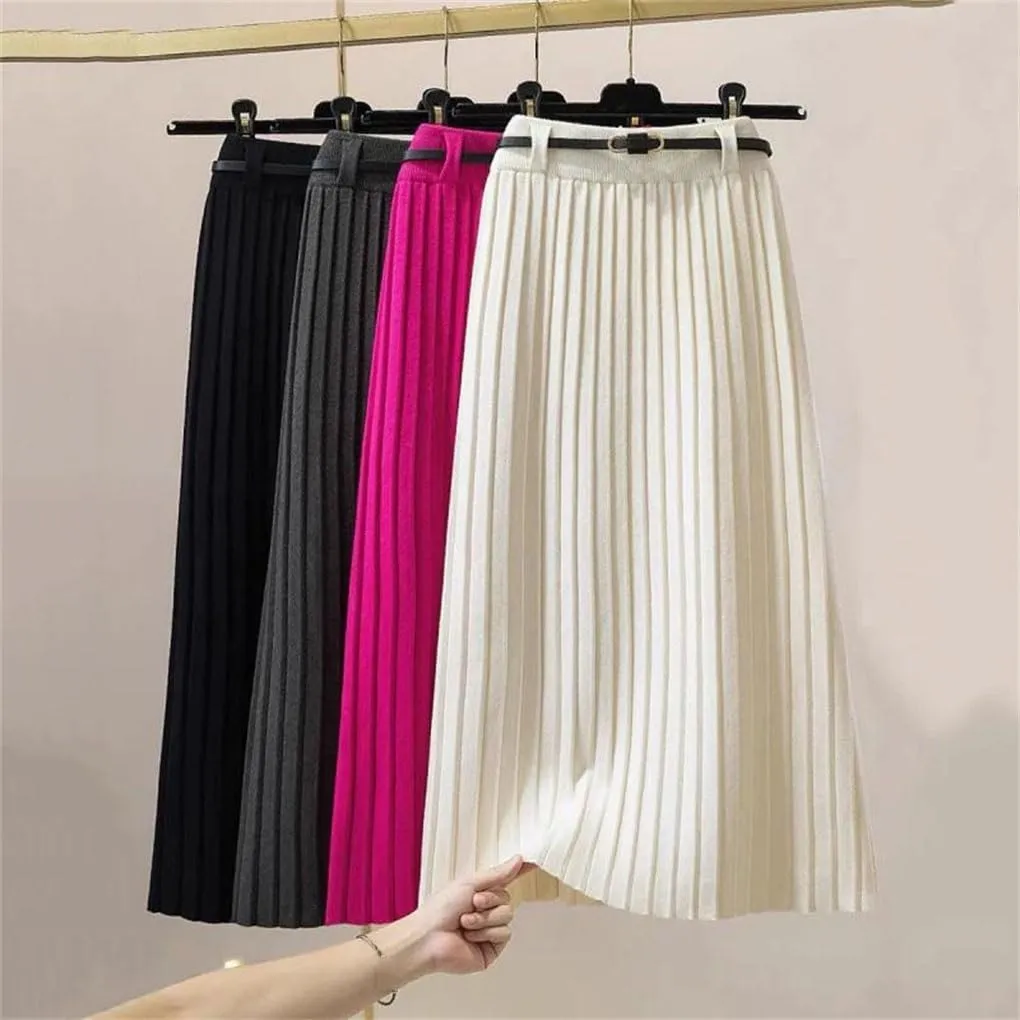 Winter White Knit Skirts Women Autumn Skirts High Waist Slim Midi Long Pleated A- Line Skirts with Belt