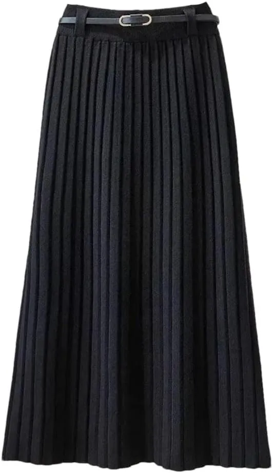 Winter White Knit Skirts Women Autumn Skirts High Waist Slim Midi Long Pleated A- Line Skirts with Belt
