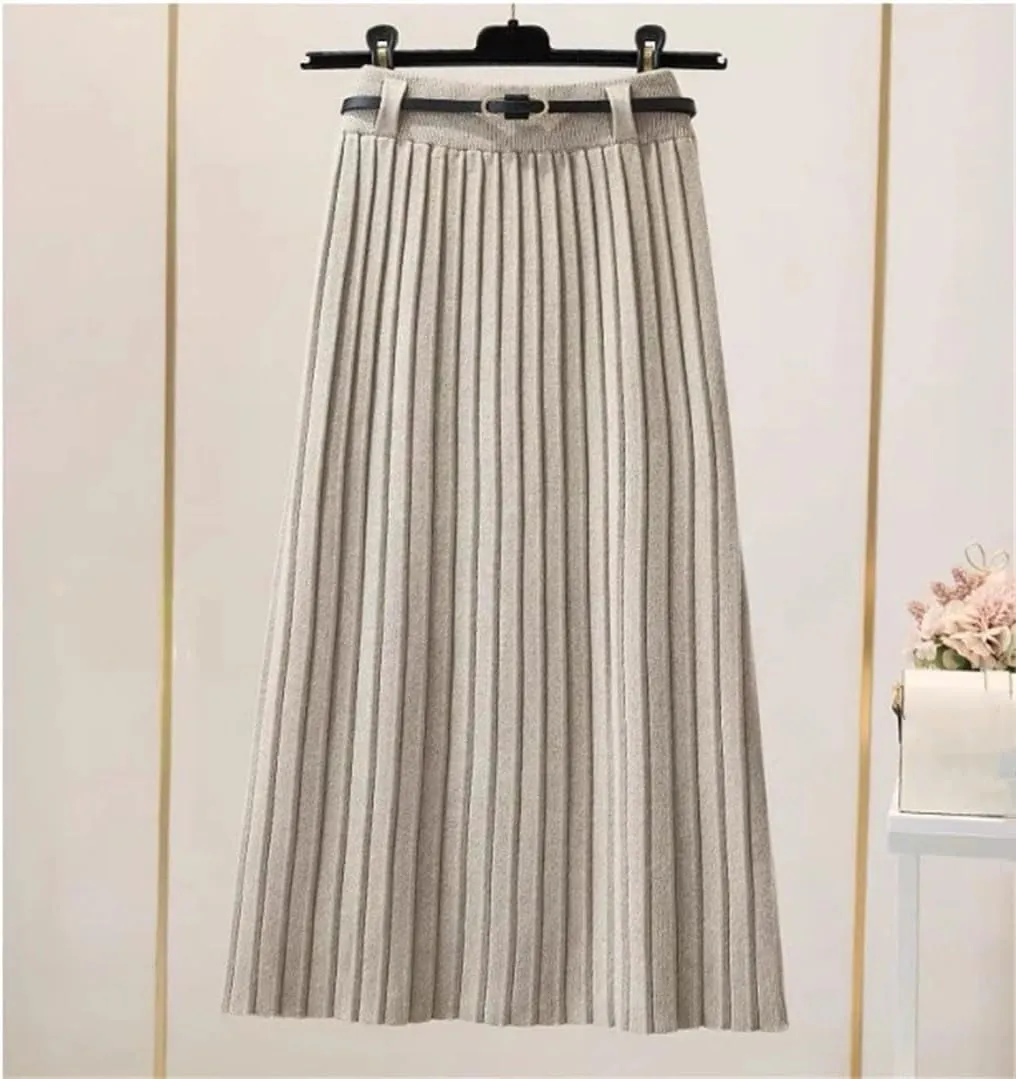 Winter White Knit Skirts Women Autumn Skirts High Waist Slim Midi Long Pleated A- Line Skirts with Belt