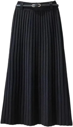 Winter White Knit Skirts Women Autumn Skirts High Waist Slim Midi Long Pleated A- Line Skirts with Belt