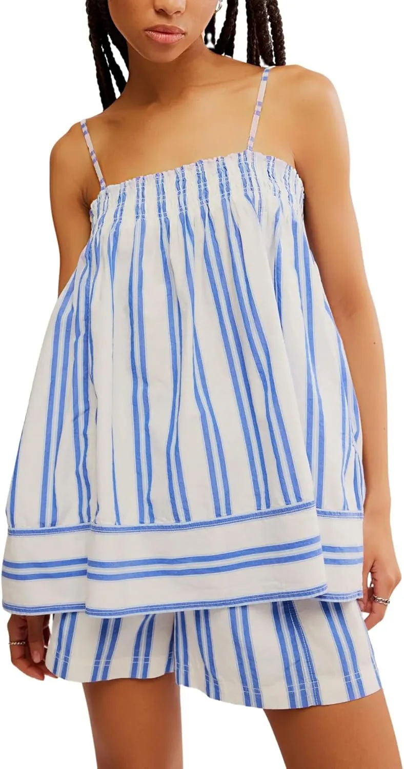 Women 2 Piece Lounge Set Sleeveless Striped Cami Peplum Top Boxer Shorts Loose Ruffle Matching Pj Sets Outfits