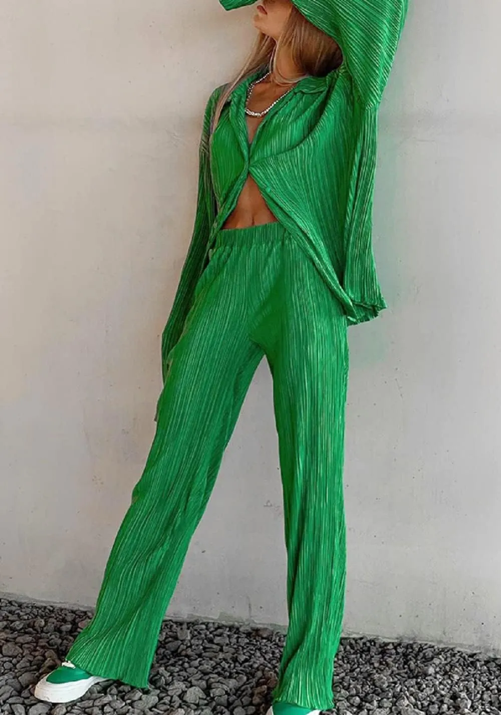 Women 2 Piece Pants Outfits Long Sleeve Button Down Shirts High Waist Long Pants Pleated Casual Summer Loungewear
