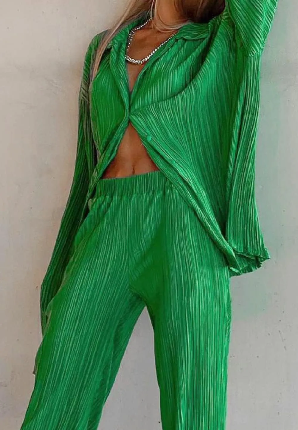 Women 2 Piece Pants Outfits Long Sleeve Button Down Shirts High Waist Long Pants Pleated Casual Summer Loungewear