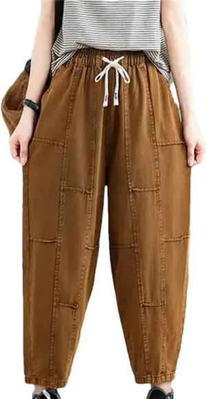 Women Casual Harem Pants Vintage Style Solid Pants Basics Loose Ankle-Length Cotton Pants