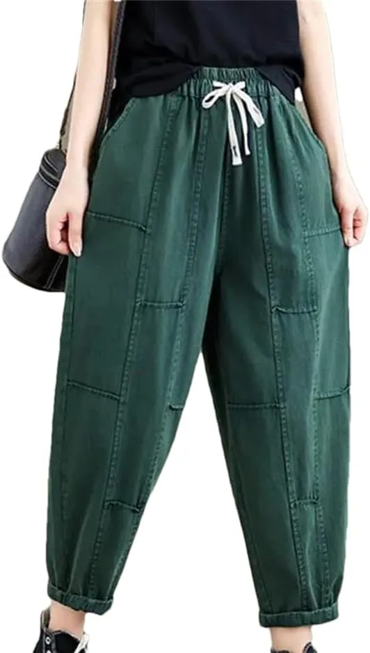 Women Casual Harem Pants Vintage Style Solid Pants Basics Loose Ankle-Length Cotton Pants
