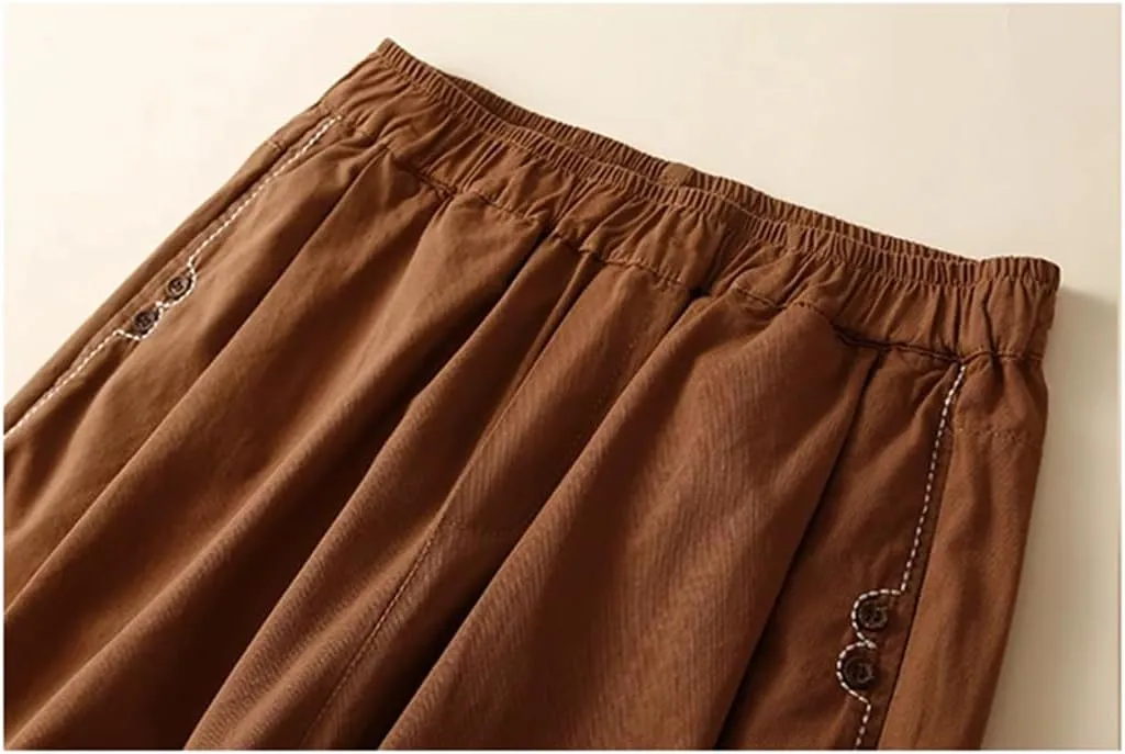 Women Cotton Casual Pants Simple Style Solid Elastic Waist Loose Ankle-Length Harem Pants
