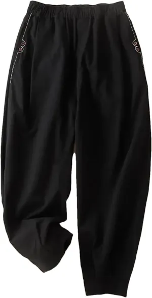 Women Cotton Casual Pants Simple Style Solid Elastic Waist Loose Ankle-Length Harem Pants