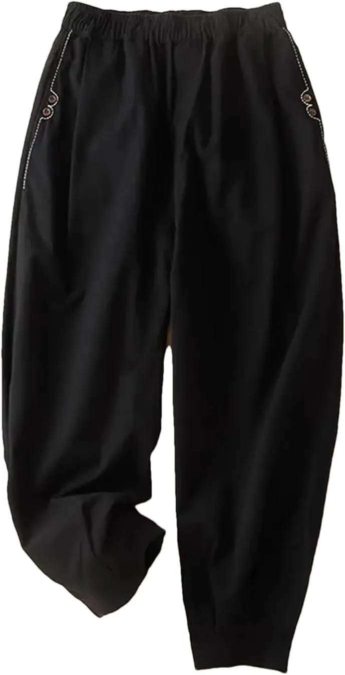 Women Cotton Casual Pants Simple Style Solid Elastic Waist Loose Ankle-Length Harem Pants