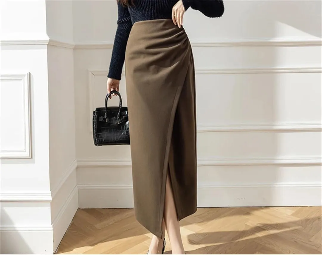 Women High Waist Vintage Irregular Woolen Midi Open Split Thicken Slim Fold Pencil Skirt