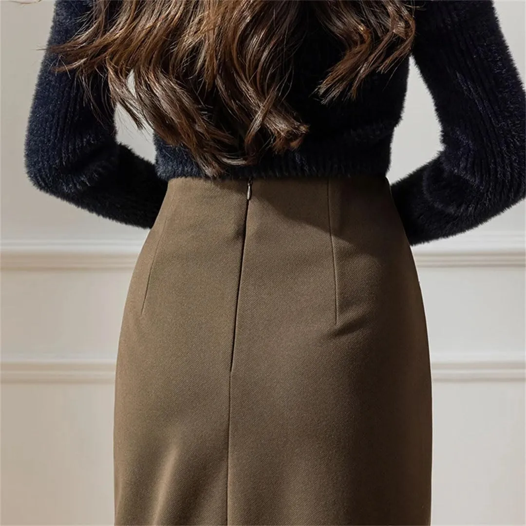 Women High Waist Vintage Irregular Woolen Midi Open Split Thicken Slim Fold Pencil Skirt