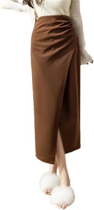 Women High Waist Vintage Irregular Woolen Midi Open Split Thicken Slim Fold Pencil Skirt