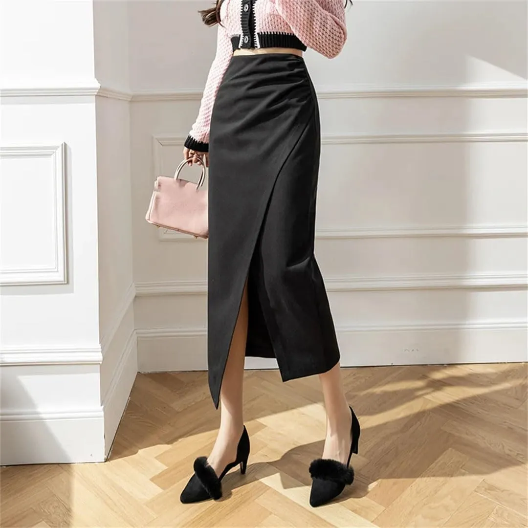 Women High Waist Vintage Irregular Woolen Midi Open Split Thicken Slim Fold Pencil Skirt