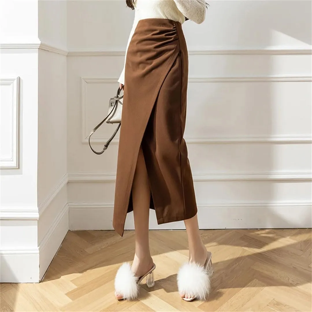 Women High Waist Vintage Irregular Woolen Midi Open Split Thicken Slim Fold Pencil Skirt