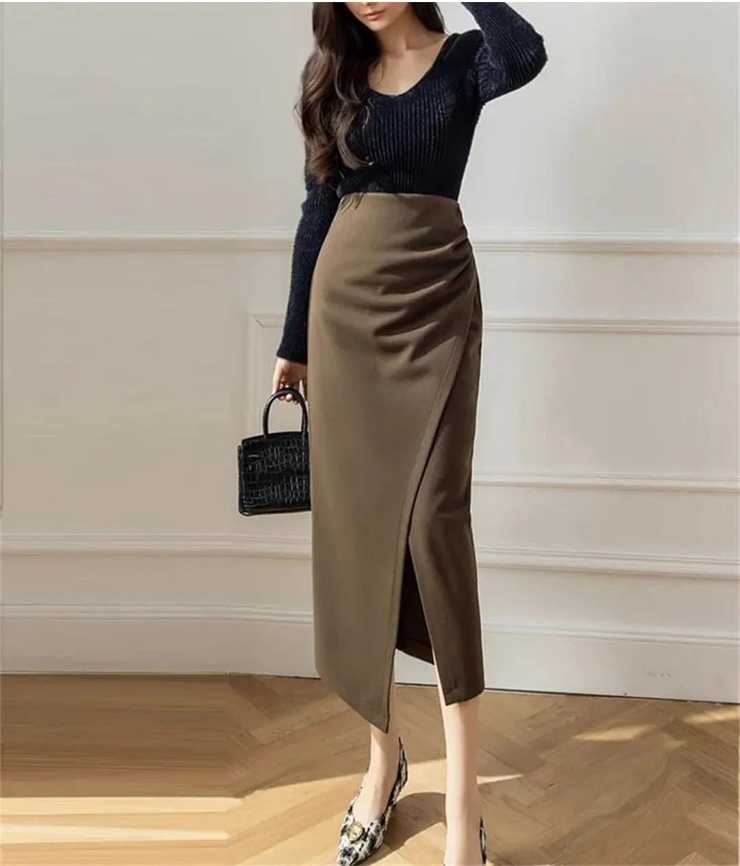 Women High Waist Vintage Irregular Woolen Midi Open Split Thicken Slim Fold Pencil Skirt