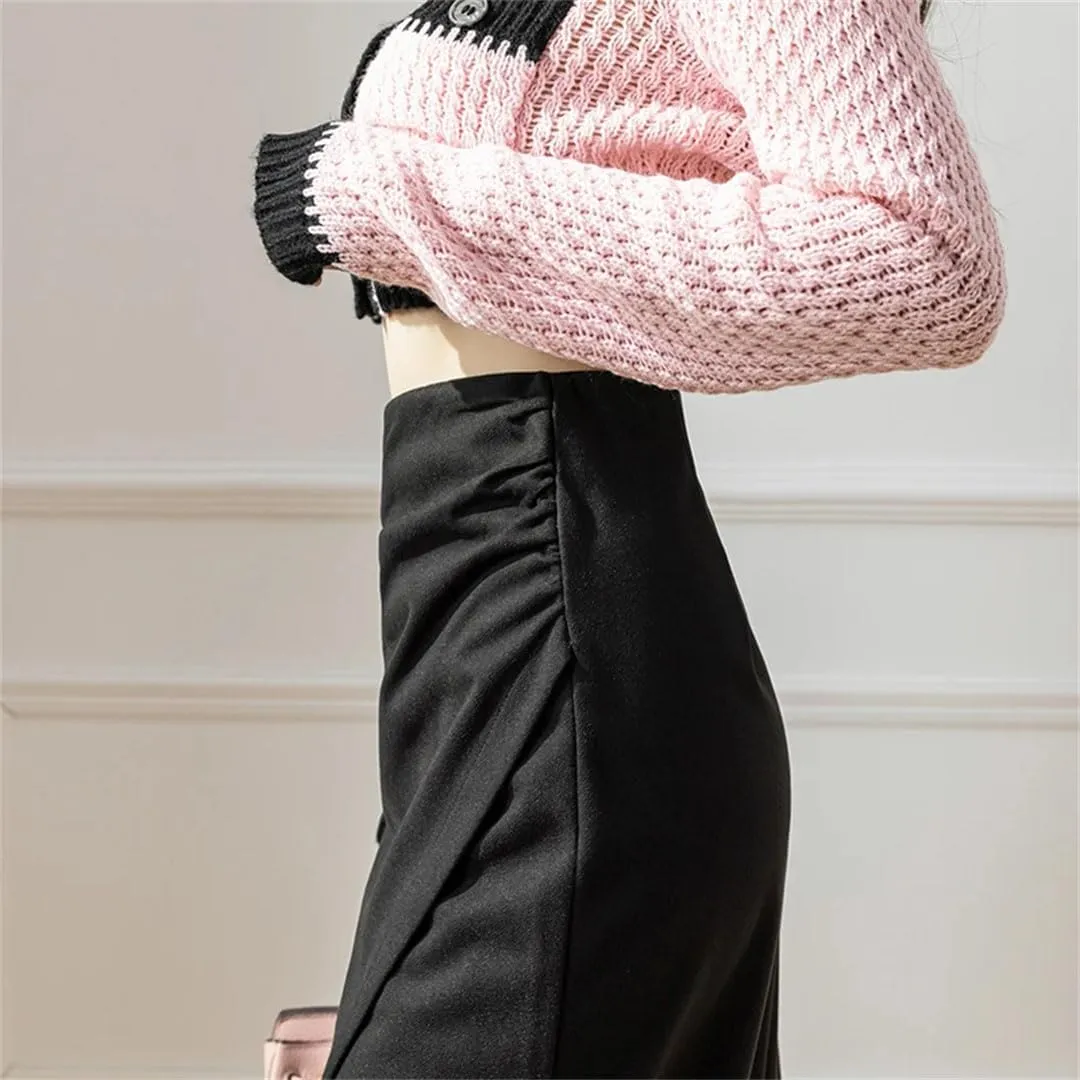 Women High Waist Vintage Irregular Woolen Midi Open Split Thicken Slim Fold Pencil Skirt