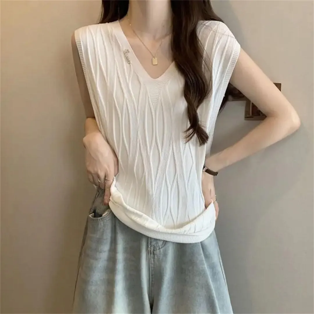 Women Sleeveless Loose Camisole Monochromatic Elegant V-Neck Sleeveless Knitwear