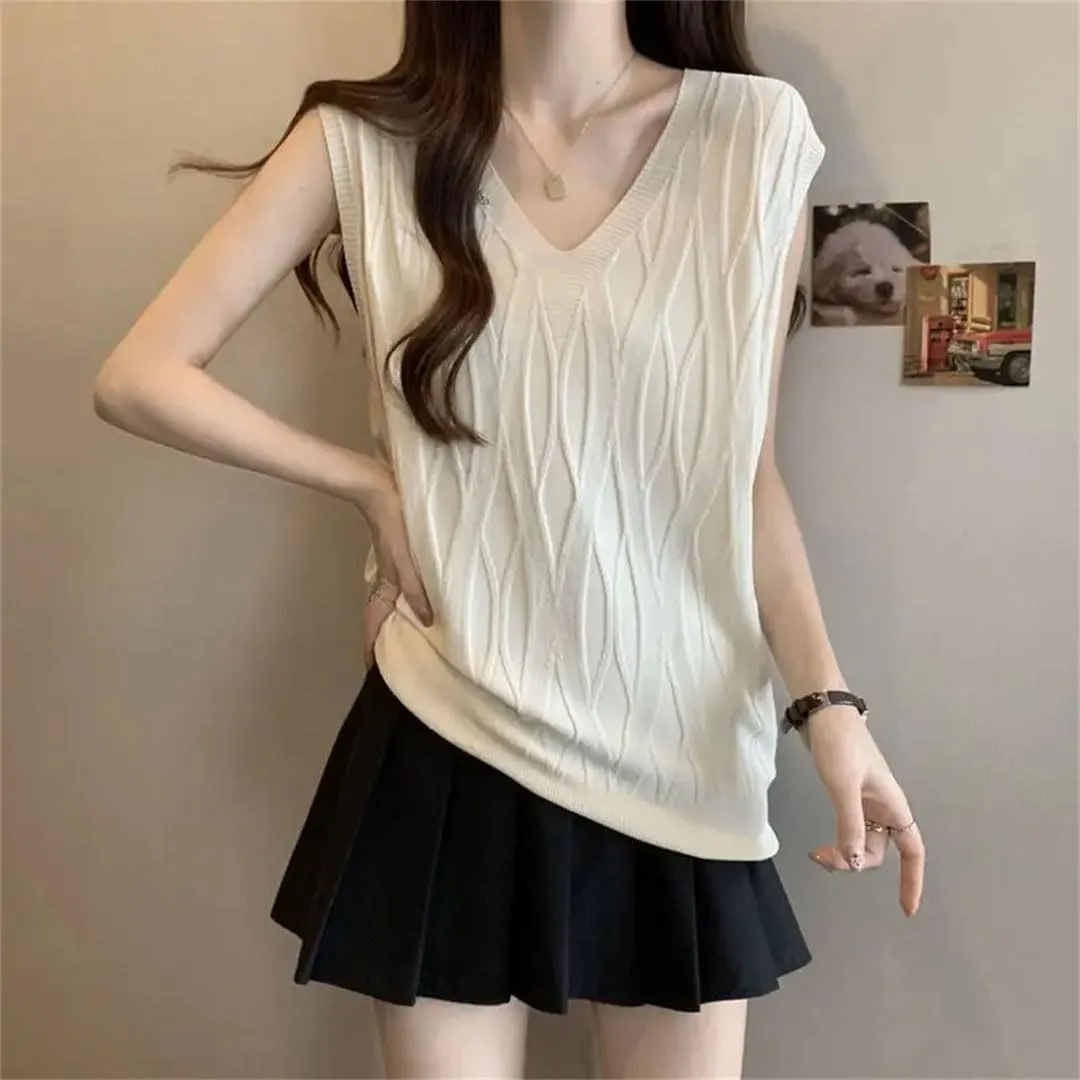 Women Sleeveless Loose Camisole Monochromatic Elegant V-Neck Sleeveless Knitwear