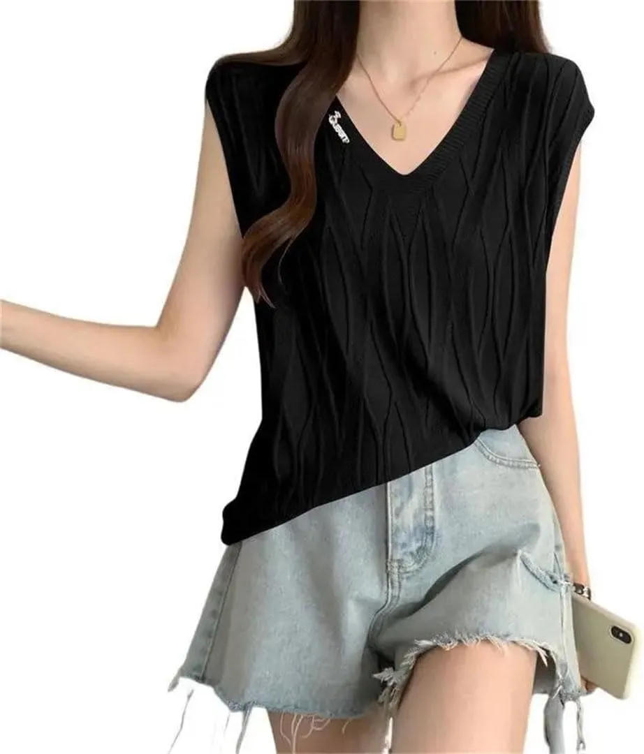 Women Sleeveless Loose Camisole Monochromatic Elegant V-Neck Sleeveless Knitwear