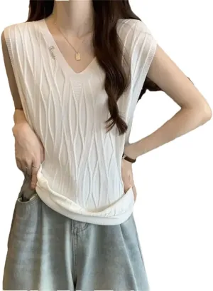 Women Sleeveless Loose Camisole Monochromatic Elegant V-Neck Sleeveless Knitwear
