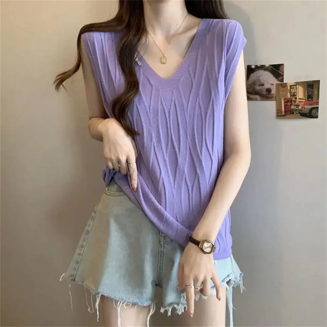 Women Sleeveless Loose Camisole Monochromatic Elegant V-Neck Sleeveless Knitwear