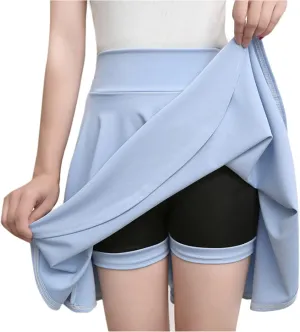 Women's Basic Mini Skirt Elastic High Waisted Casual Stretchy Pleated Skirts with Shorts A-Line Swing Short Dress