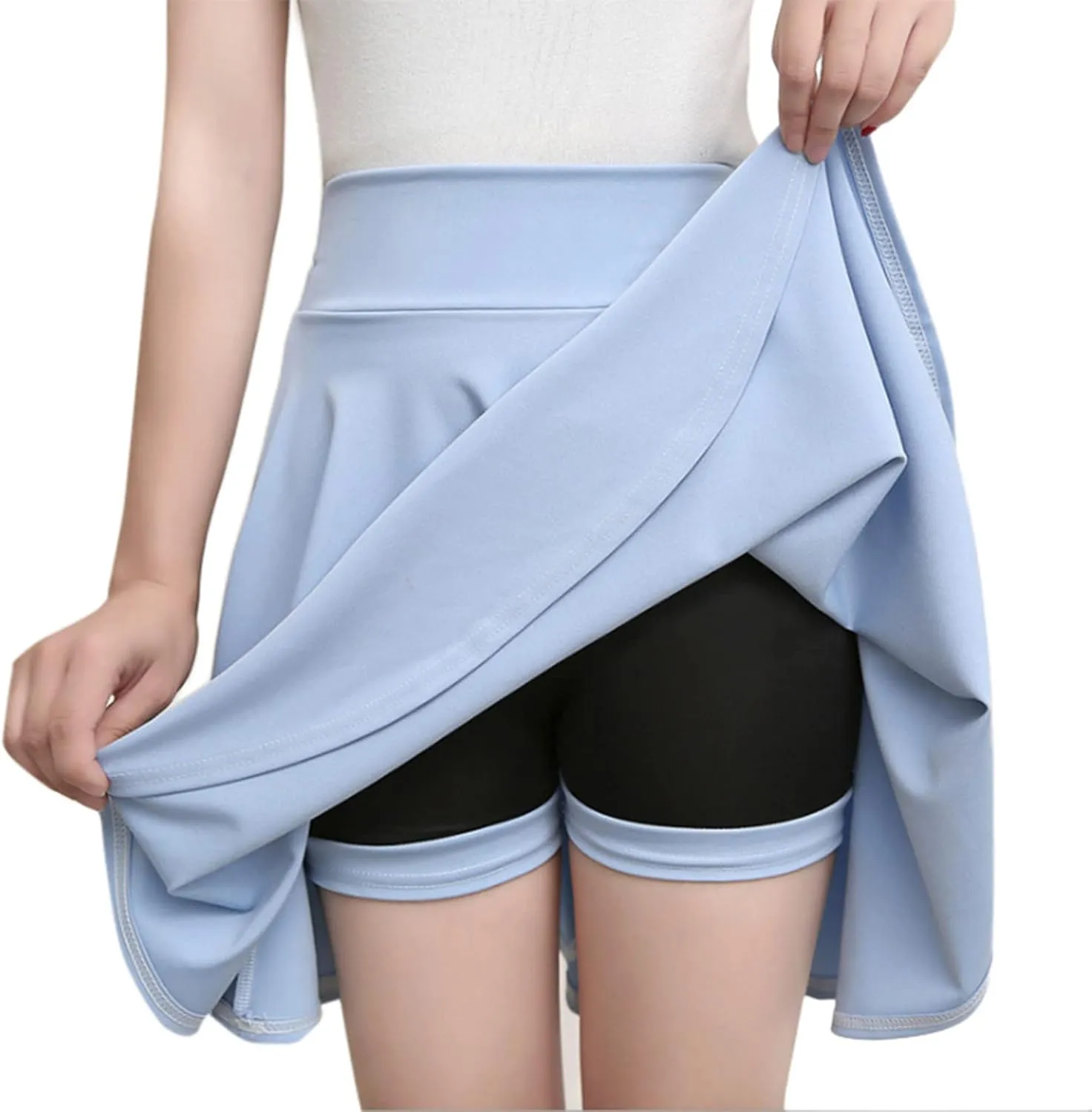 Women's Basic Mini Skirt Elastic High Waisted Casual Stretchy Pleated Skirts with Shorts A-Line Swing Short Dress