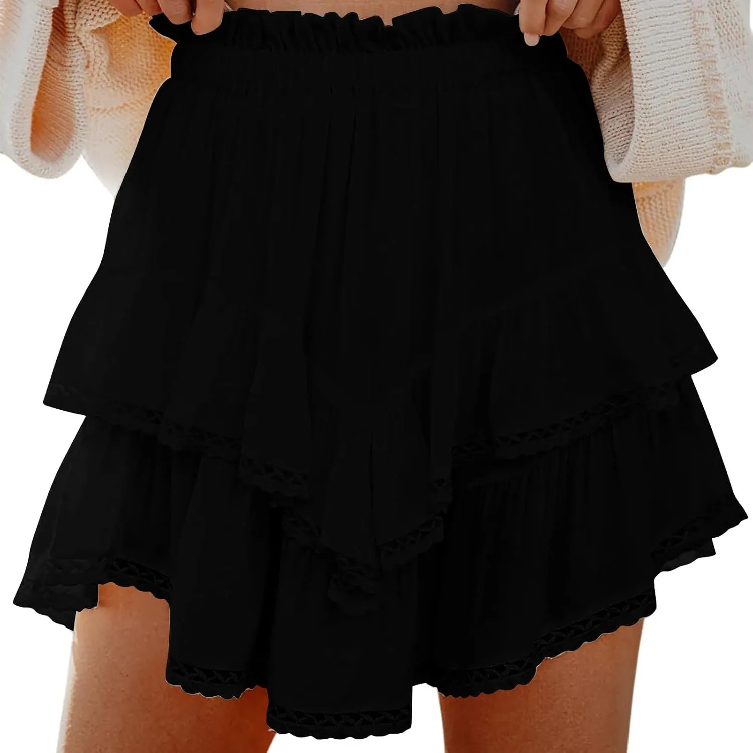Women's Boho Ruffle Tiered Skorts Casual Fashion High Waist Pleated Skirts Solid Color Sexy Tennis Golf Skater Skort