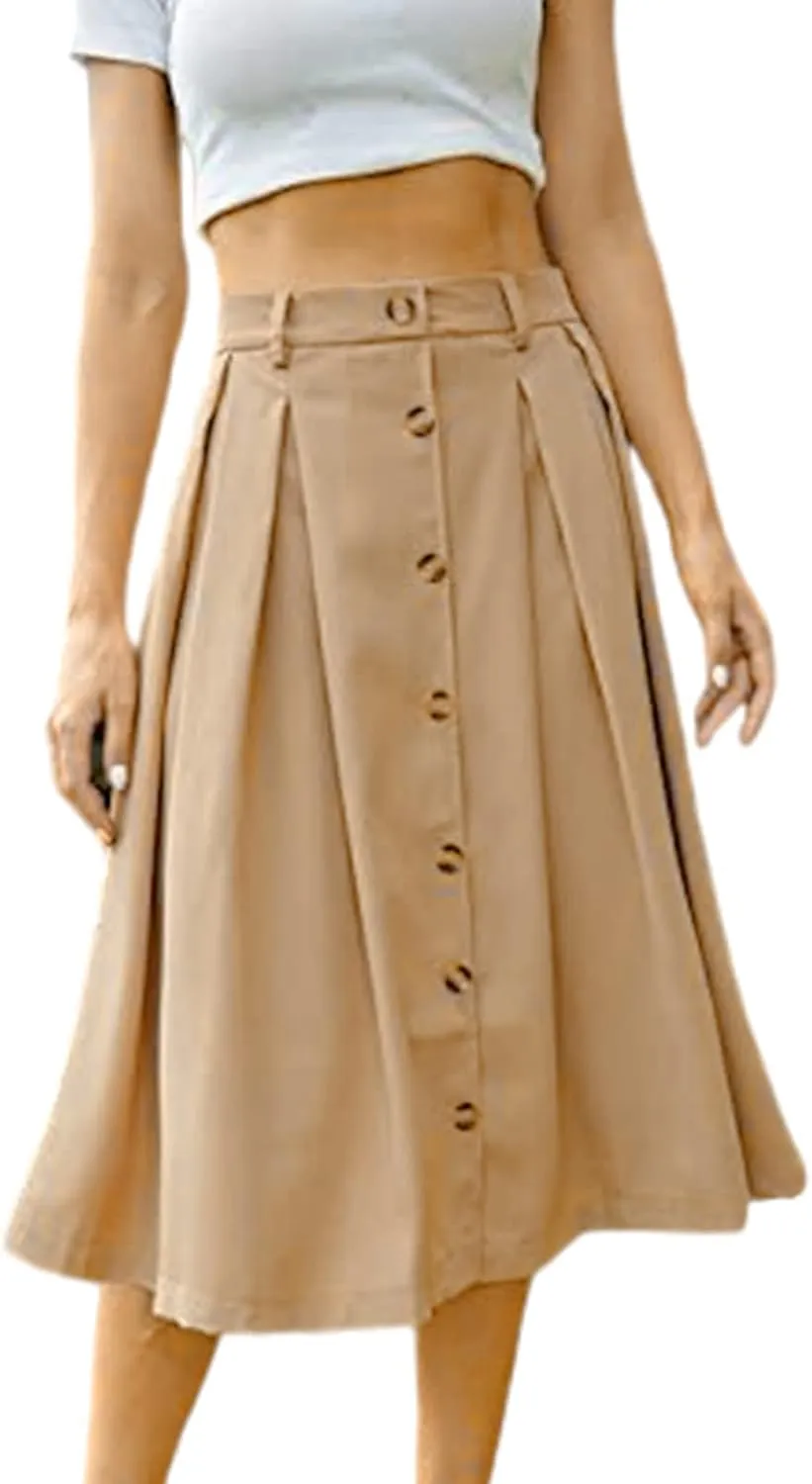 Women's Casual Button Down Midi Skirts Spring Summer High Waist A Line Knee Length Flowy Flared Pleated Skirts S-2XL