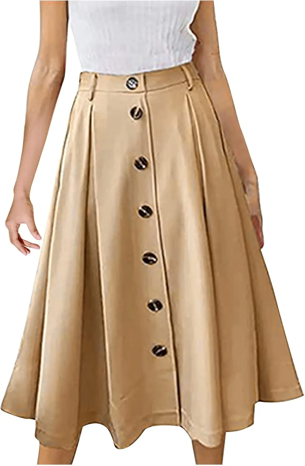 Women's Casual Button Down Midi Skirts Spring Summer High Waist A Line Knee Length Flowy Flared Pleated Skirts S-2XL