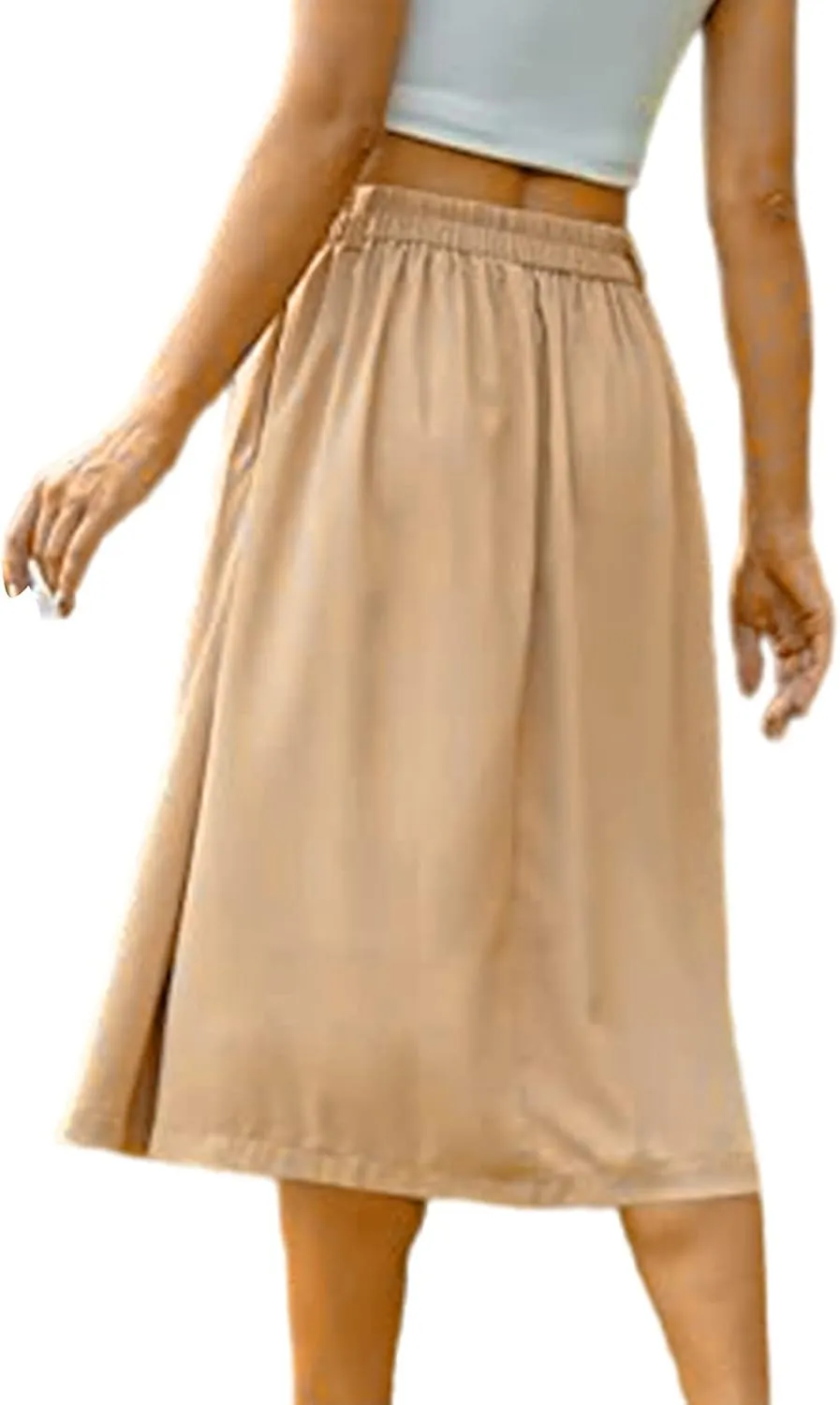 Women's Casual Button Down Midi Skirts Spring Summer High Waist A Line Knee Length Flowy Flared Pleated Skirts S-2XL