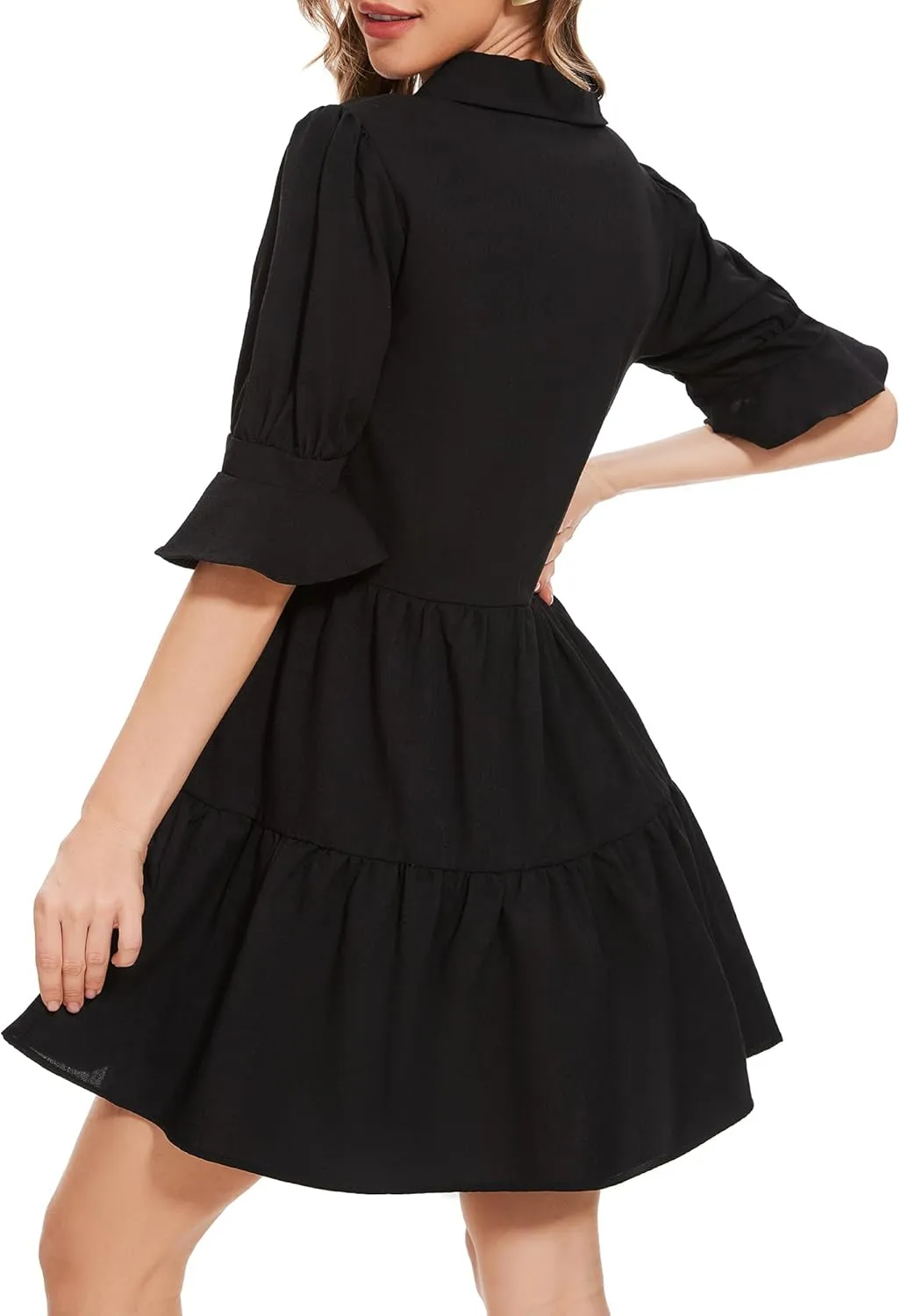 Womens Casual Shirt Dress- Ruffle Sleeve Button Down Solid Color Tiered Babydoll Summer Flowy Mini Dress