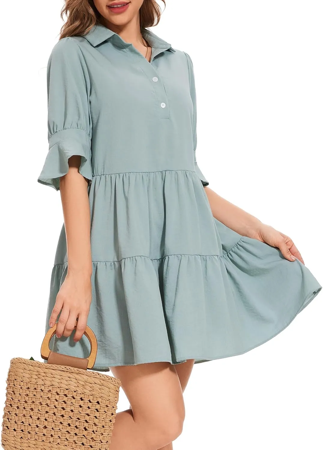 Womens Casual Shirt Dress- Ruffle Sleeve Button Down Solid Color Tiered Babydoll Summer Flowy Mini Dress