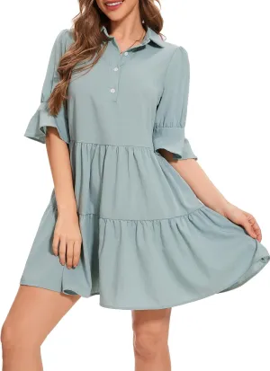 Womens Casual Shirt Dress- Ruffle Sleeve Button Down Solid Color Tiered Babydoll Summer Flowy Mini Dress