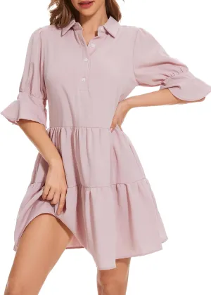 Womens Casual Shirt Dress- Ruffle Sleeve Button Down Solid Color Tiered Babydoll Summer Flowy Mini Dress