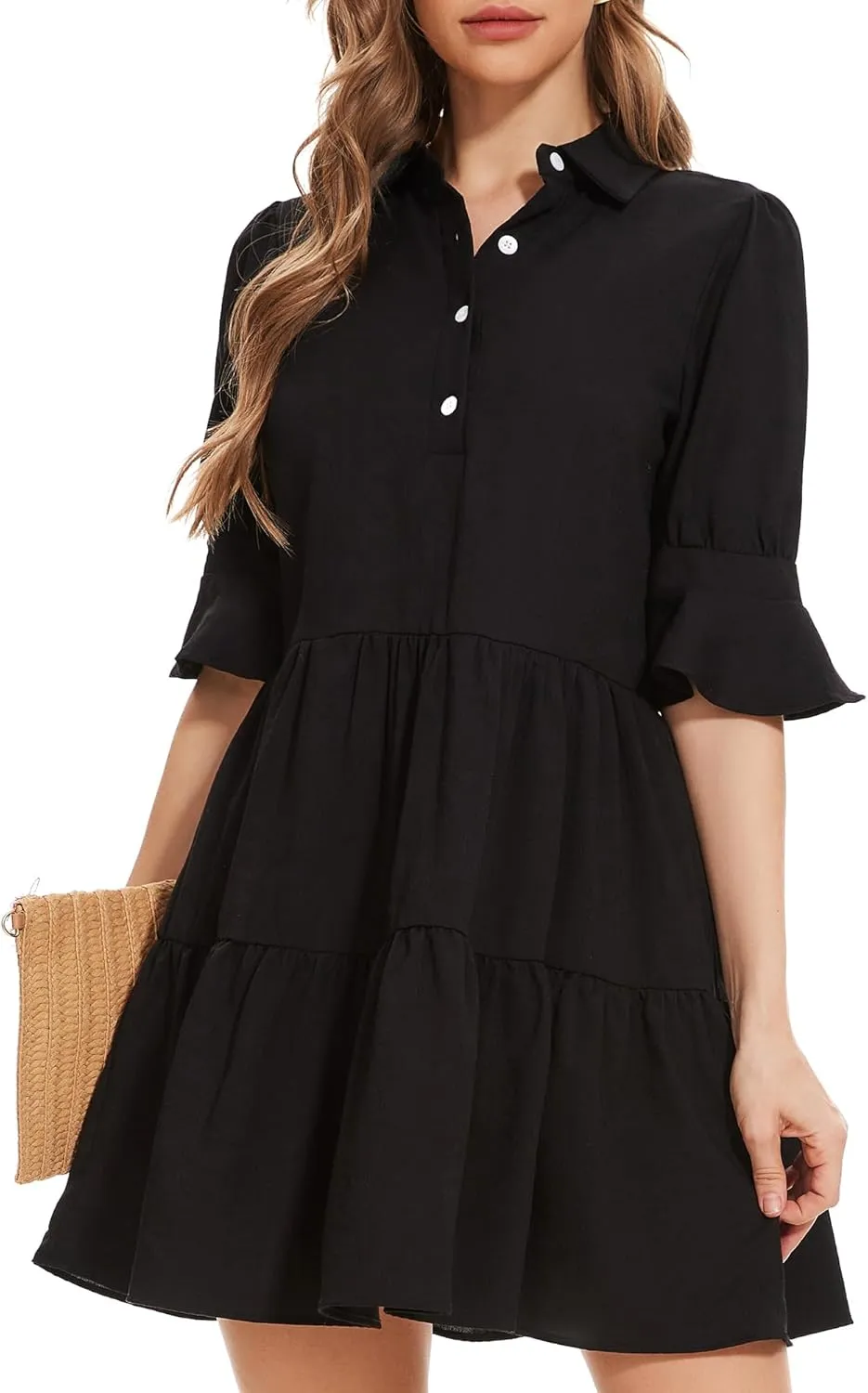 Womens Casual Shirt Dress- Ruffle Sleeve Button Down Solid Color Tiered Babydoll Summer Flowy Mini Dress