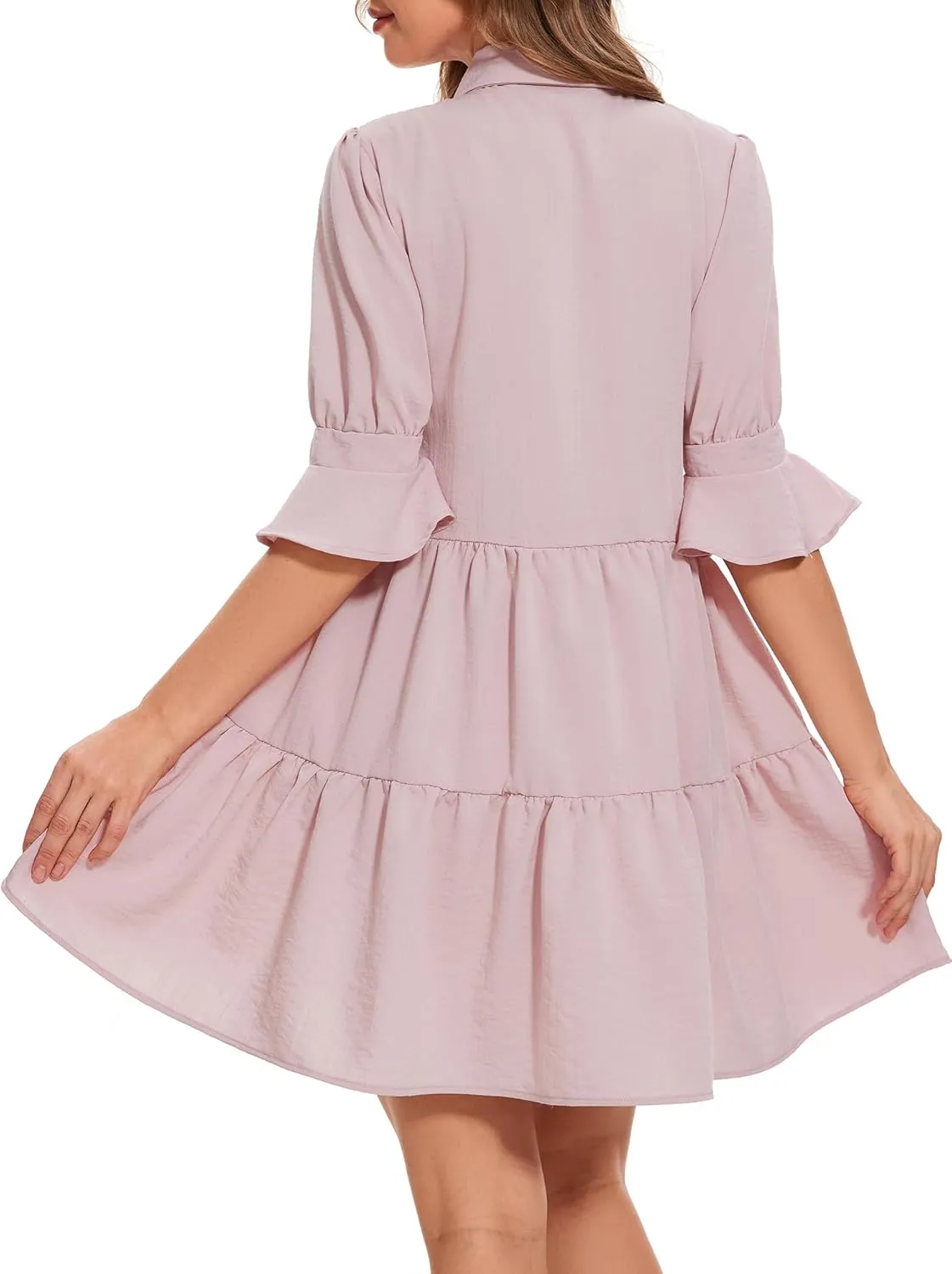 Womens Casual Shirt Dress- Ruffle Sleeve Button Down Solid Color Tiered Babydoll Summer Flowy Mini Dress