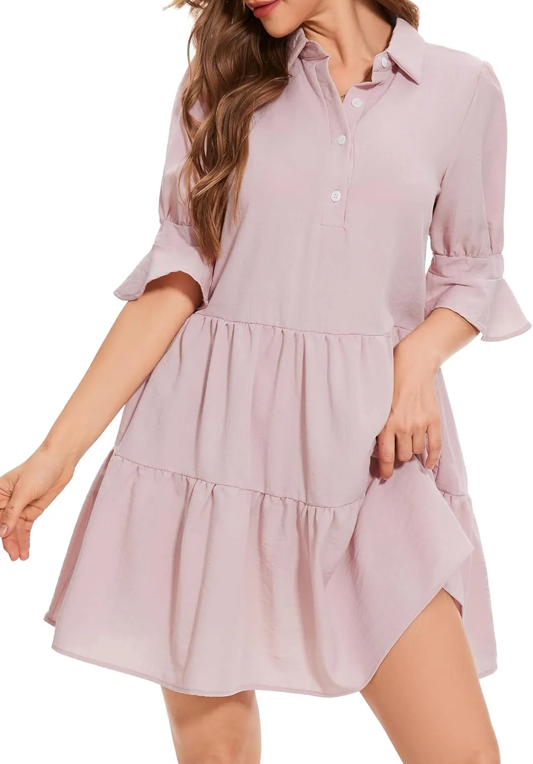 Womens Casual Shirt Dress- Ruffle Sleeve Button Down Solid Color Tiered Babydoll Summer Flowy Mini Dress