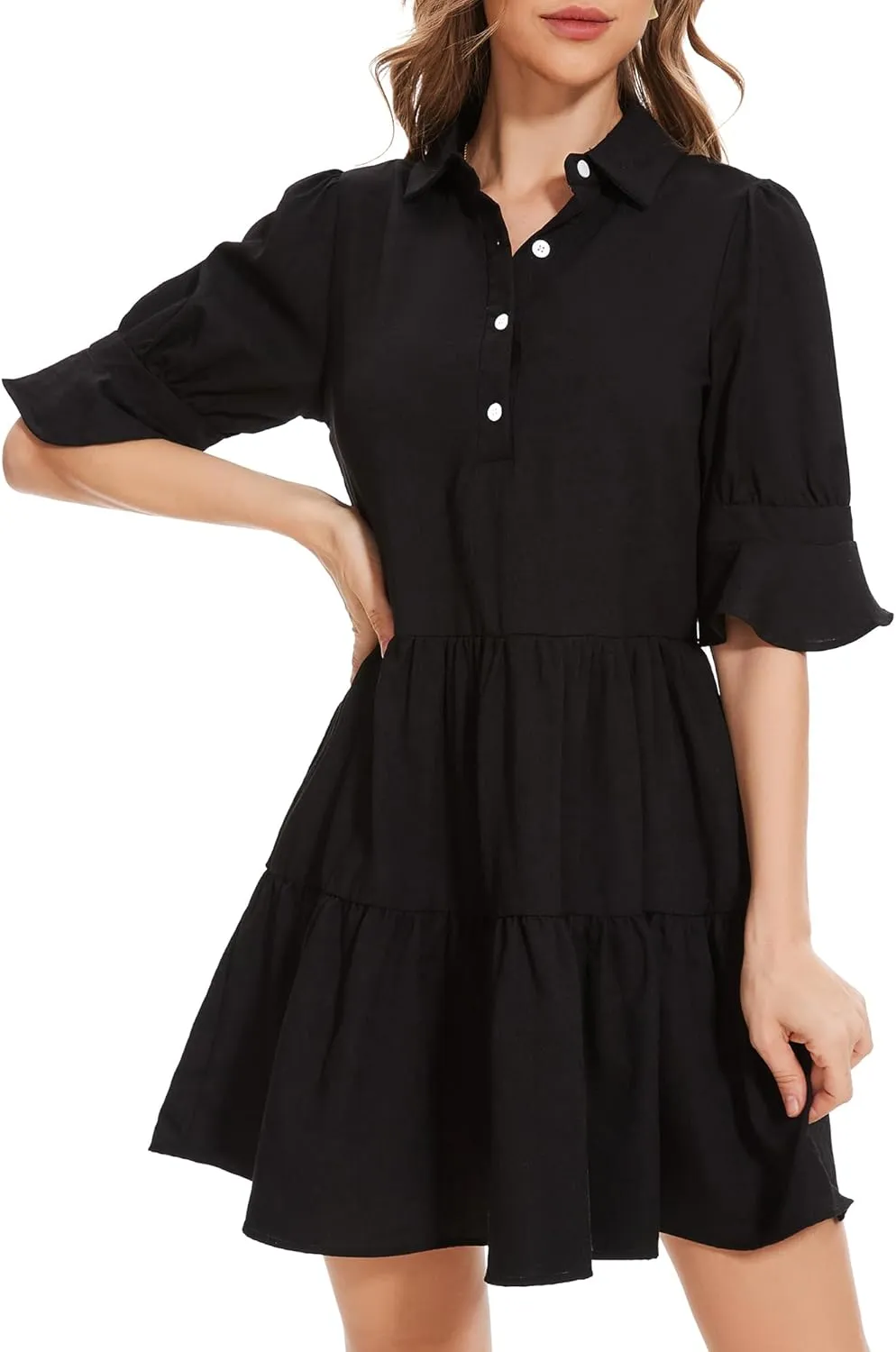 Womens Casual Shirt Dress- Ruffle Sleeve Button Down Solid Color Tiered Babydoll Summer Flowy Mini Dress