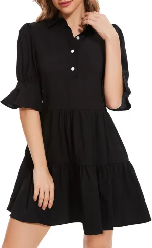 Womens Casual Shirt Dress- Ruffle Sleeve Button Down Solid Color Tiered Babydoll Summer Flowy Mini Dress