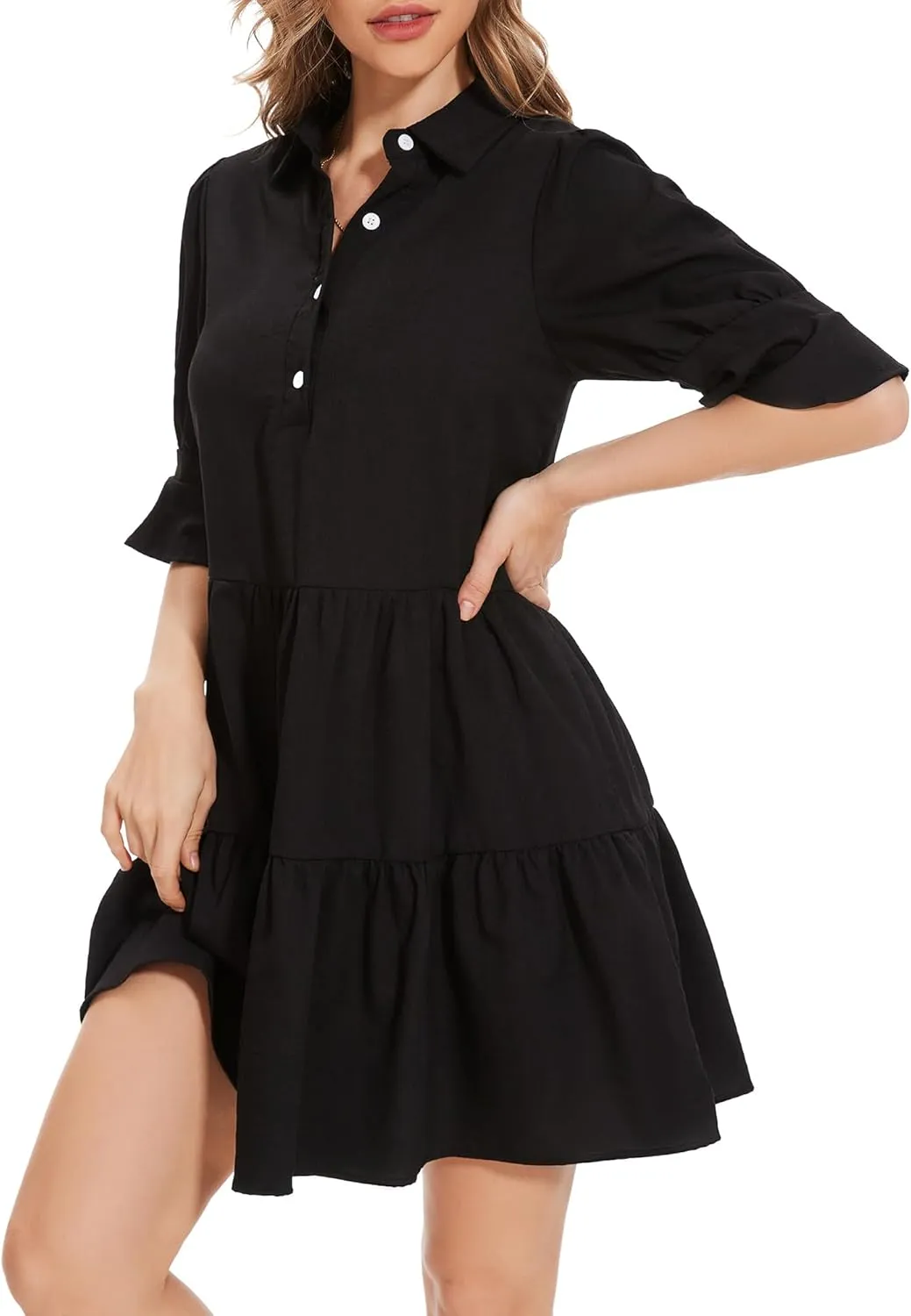 Womens Casual Shirt Dress- Ruffle Sleeve Button Down Solid Color Tiered Babydoll Summer Flowy Mini Dress