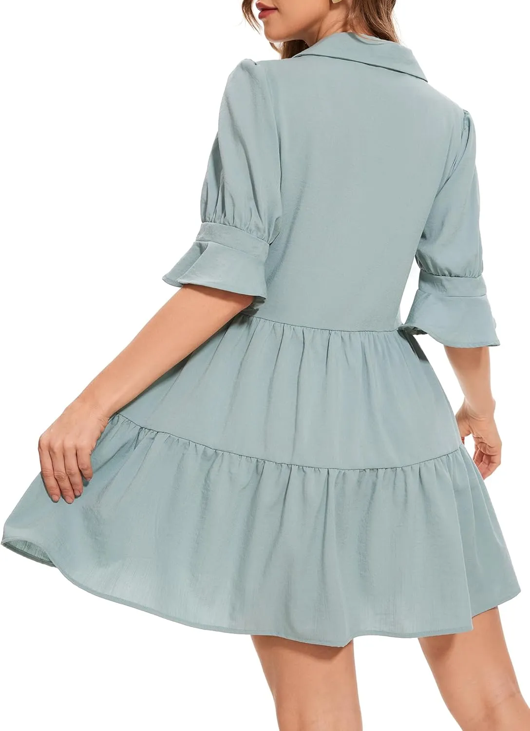 Womens Casual Shirt Dress- Ruffle Sleeve Button Down Solid Color Tiered Babydoll Summer Flowy Mini Dress