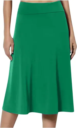 Womens Casual Stretchy Midi Skirt High Waisted Flared Knee Length Work Skirt Spring Summer A-Line Skirts Plus Size