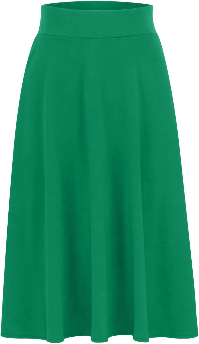 Womens Casual Stretchy Midi Skirt High Waisted Flared Knee Length Work Skirt Spring Summer A-Line Skirts Plus Size