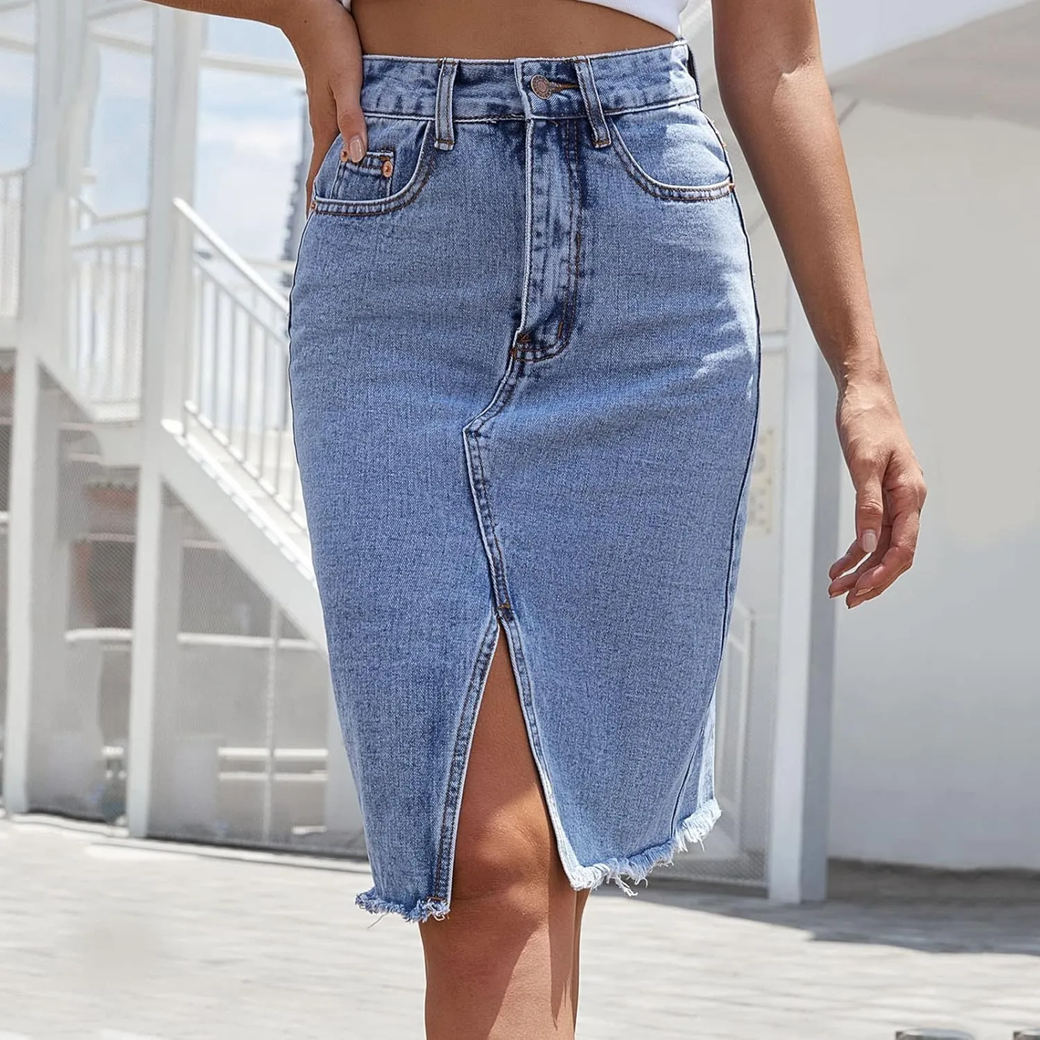 Womens Denim Skirt Casual Stretch Slim Fit High Waisted Jean Skirts Split Front Knee Length Work Business Skirts