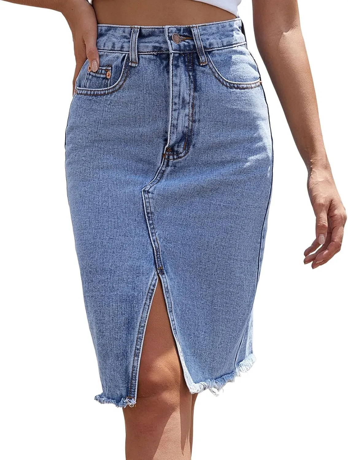 Womens Denim Skirt Casual Stretch Slim Fit High Waisted Jean Skirts Split Front Knee Length Work Business Skirts