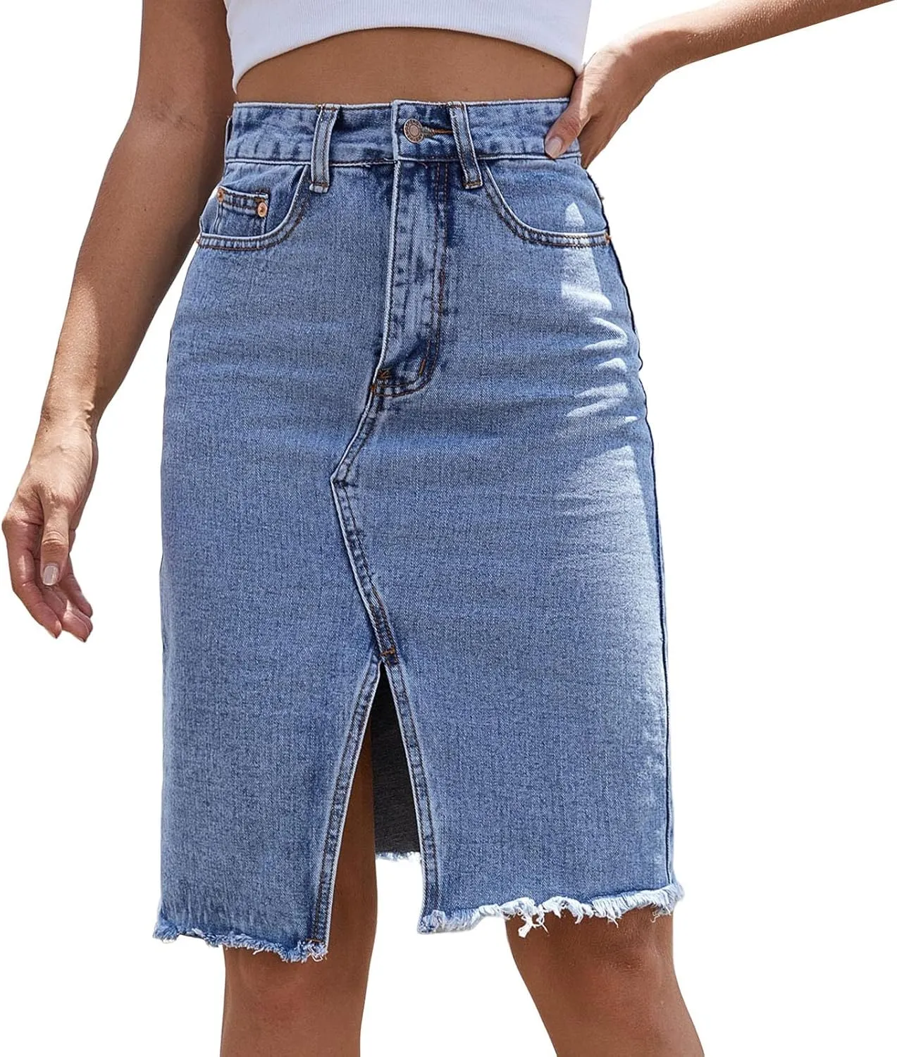 Womens Denim Skirt Casual Stretch Slim Fit High Waisted Jean Skirts Split Front Knee Length Work Business Skirts