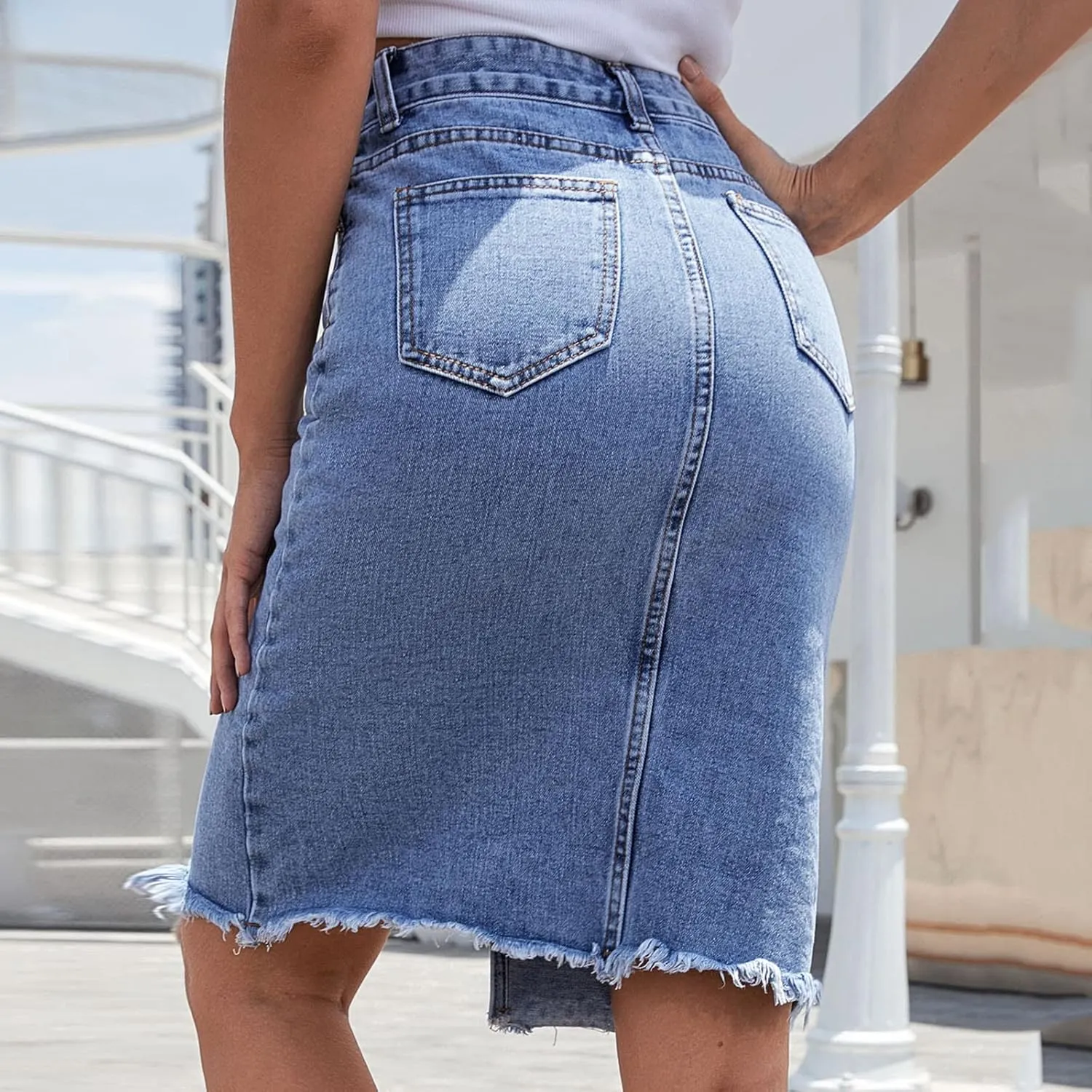 Womens Denim Skirt Casual Stretch Slim Fit High Waisted Jean Skirts Split Front Knee Length Work Business Skirts