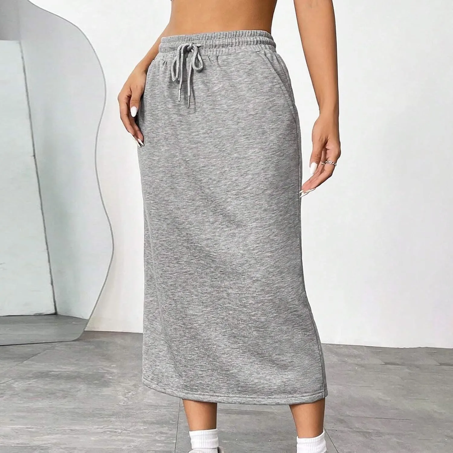 Womens Drawstring Maxi Skirt with Pockets Elastic High Waist A Line Long Sweat Skirts Trendy Fashion Outfits Clothes